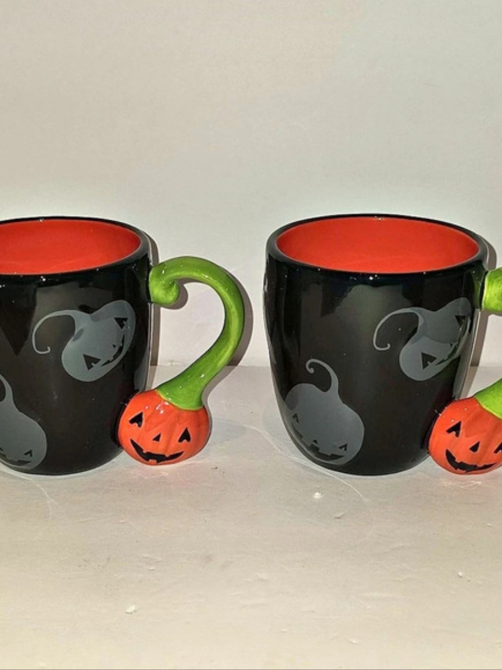 Happy Halloween Pumpkin Handle Mugs Set of 2 in Black & Orange